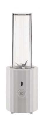 Weißer Alessi Plissé Smoothie Maker mit transparentem Mixbehälter und Füllstandsanzeige. Kompakter Standmixer für Smoothies.