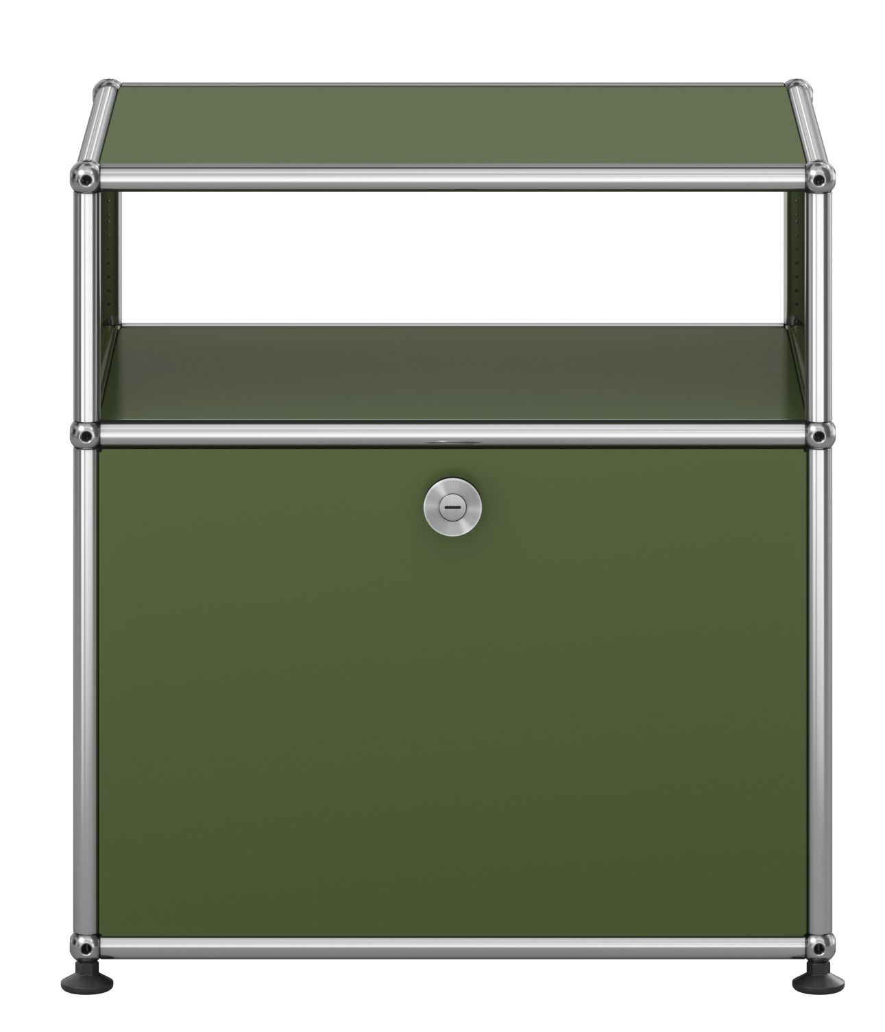 USM Haller Nachttisch in Olivgrün mit Klapptür und verchromtem Gestell, modernes Schlafzimmermöbel.