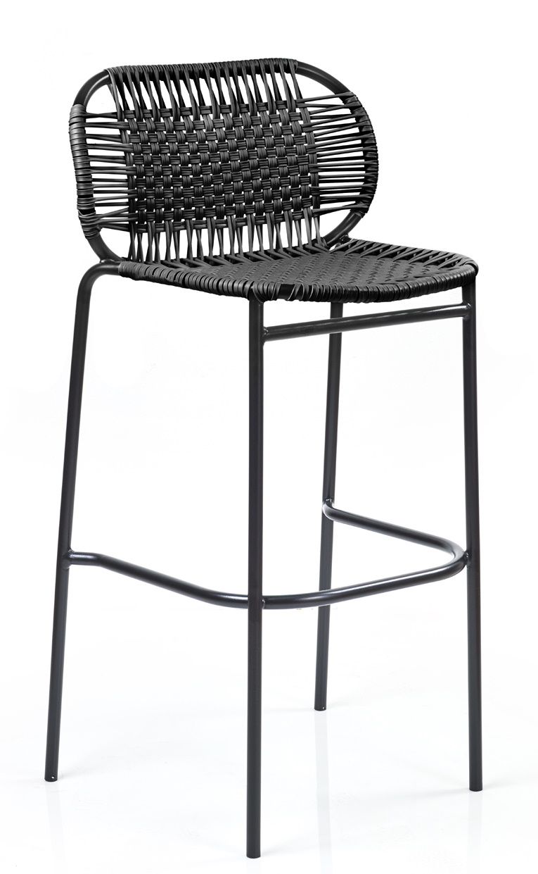 Schwarzer Cielo Barstool Barhocker von ames für den Außenbereich, geflochtene Sitzfläche und Rückenlehne.