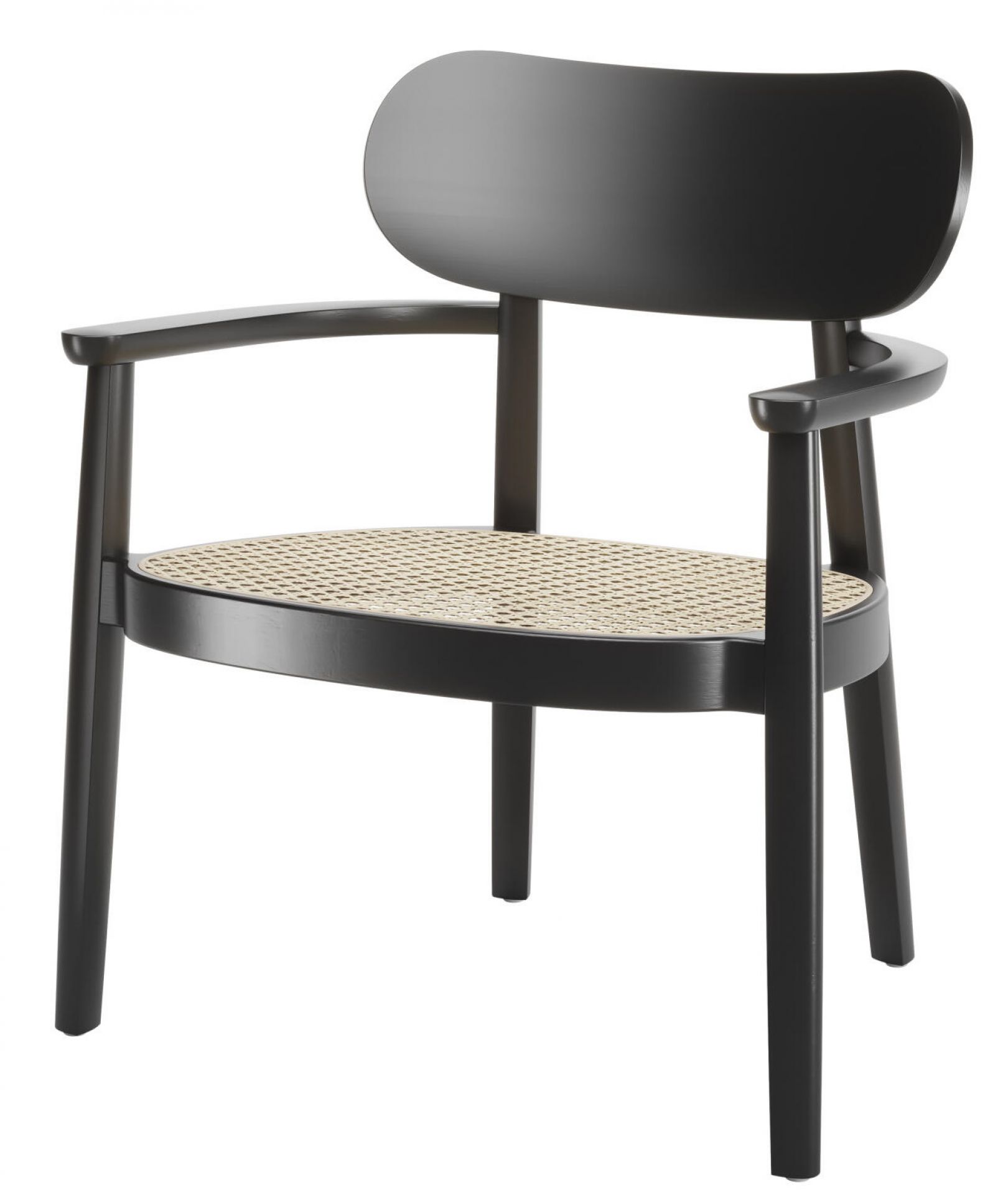 Schwarzer Holzsessel mit Armlehnen und Wiener Geflecht Sitzfläche, Modell 119 MF Thonet.