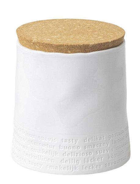 Raumpoesie Vorratsdose "Köstlich" von Räder: Weiße Keramikdose mit Korkdeckel für die stilvolle Aufbewahrung.