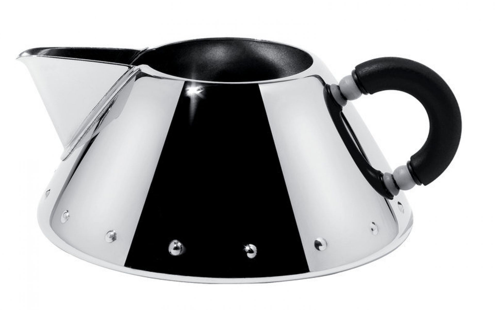 Alessi Rahmkännchen 9096 B aus poliertem Edelstahl mit schwarzem Griff, modernes Design für Milchkännchen.