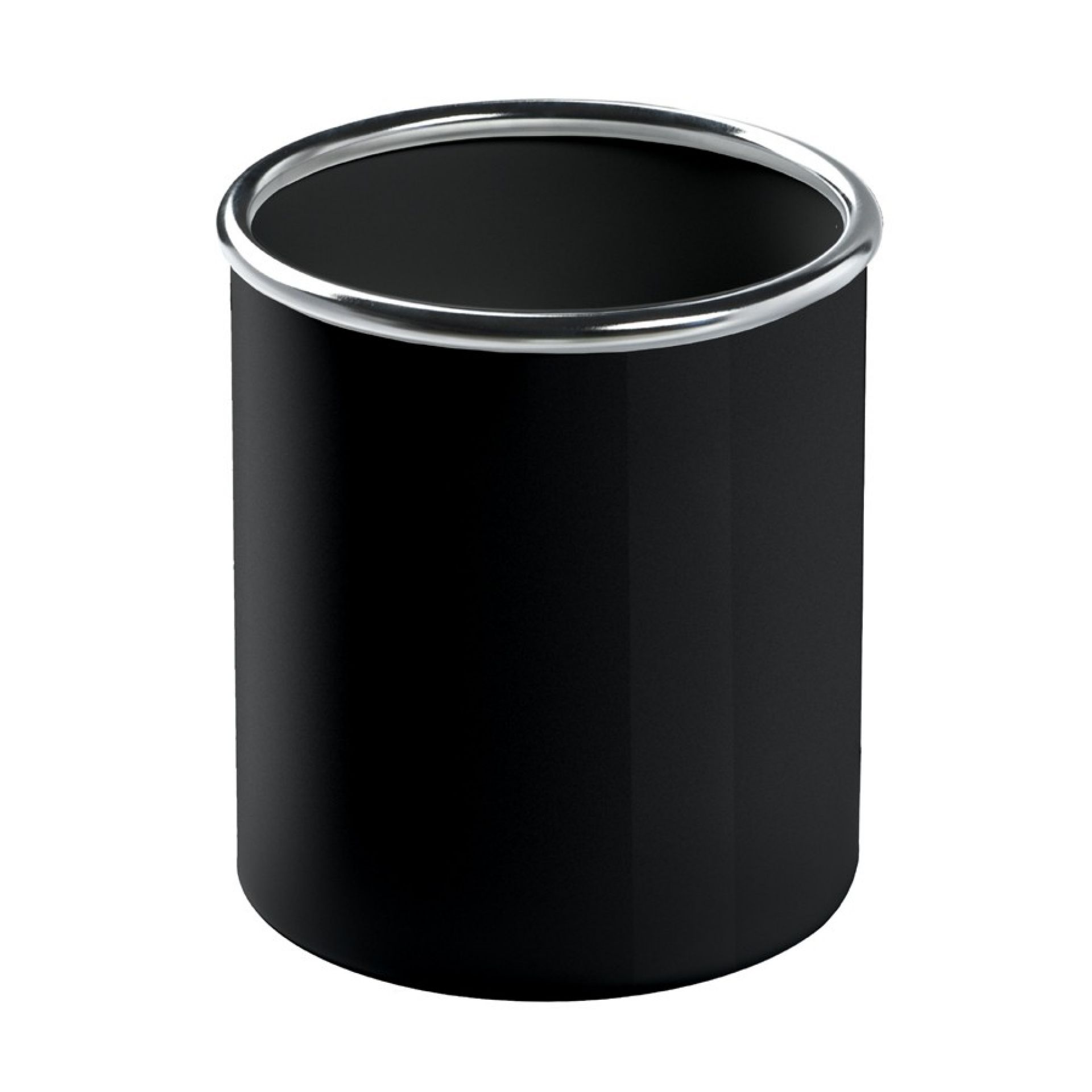 Schwarzer Colmo Papierkorb mit silberfarbenem Rand, ideal für Büro oder Zuhause.