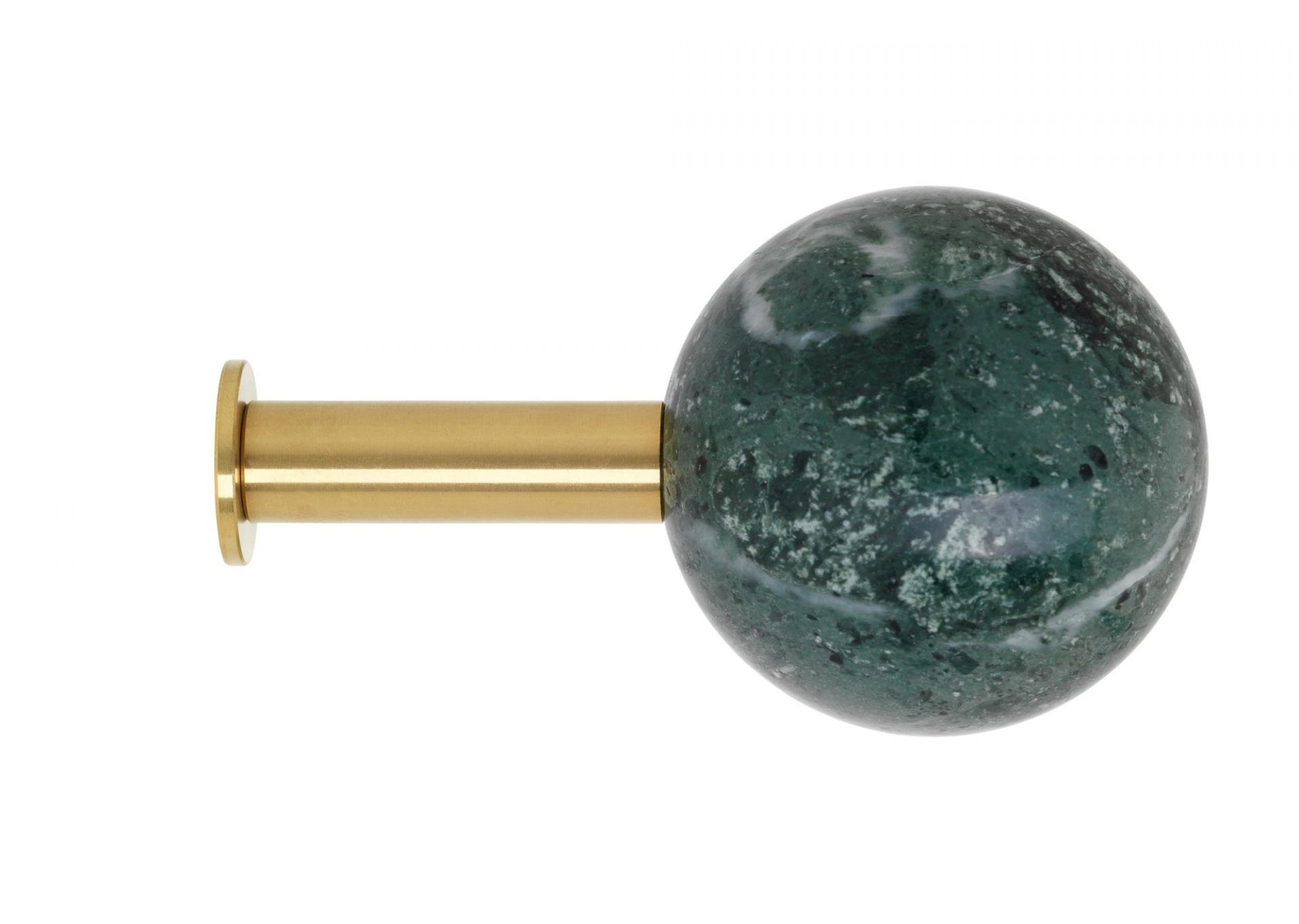 Schönbuch Dots Stone Wandhaken in Grün: Nahaufnahme des runden Wandhakens aus grünem Marmor mit goldener Halterung.