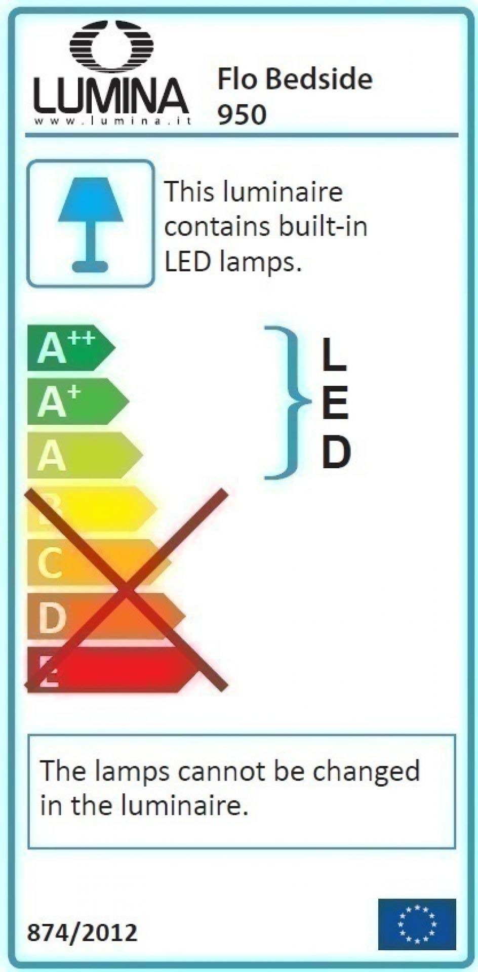 Energielabel der Lumina Flo Bedside LED Nachttischleuchte mit Energieeffizienzklasse A++ bis A.