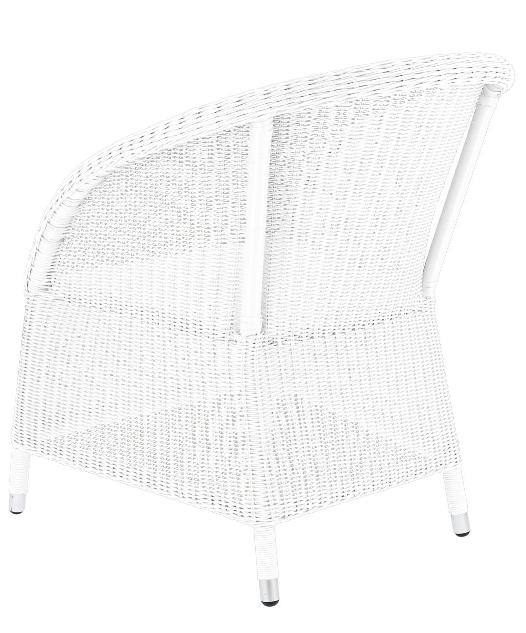 Rückansicht des weißen Jan Kurtz Romantik Outdoor Sessels aus Rattan. Gartenmöbel.
