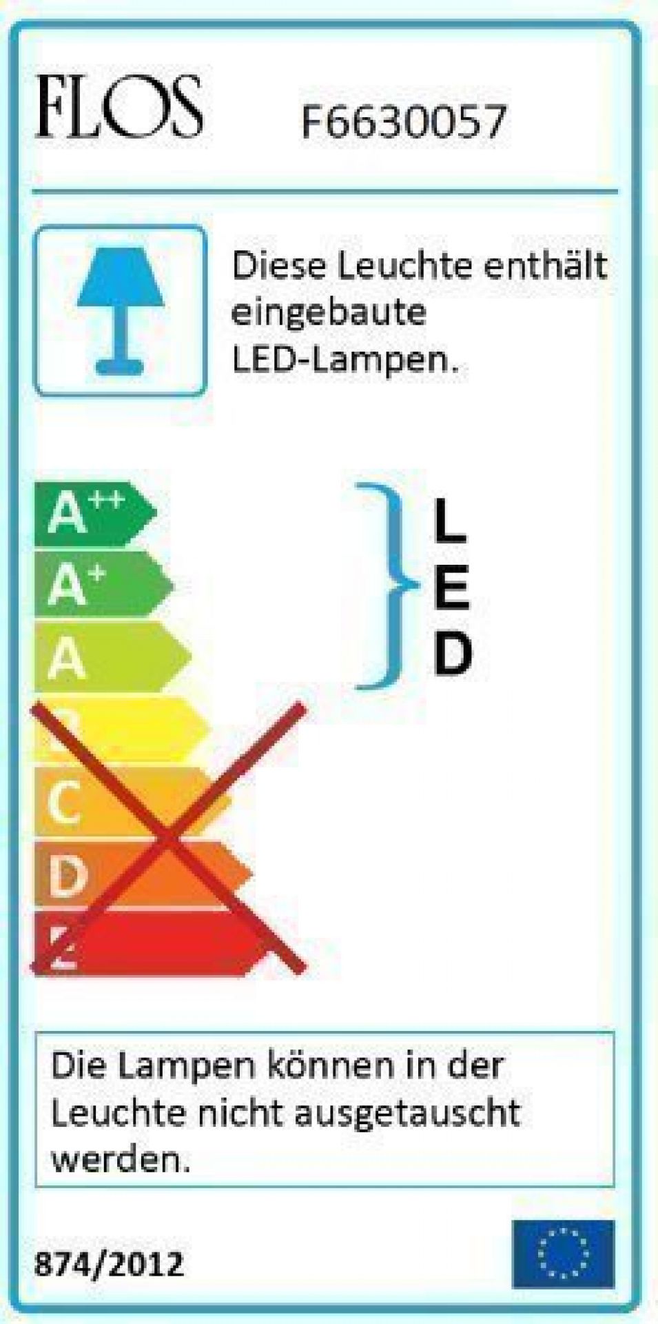 Energieeffizienzlabel der Flos Superloon Stehleuchte in Chrom mit integrierten LEDs, nicht austauschbar.