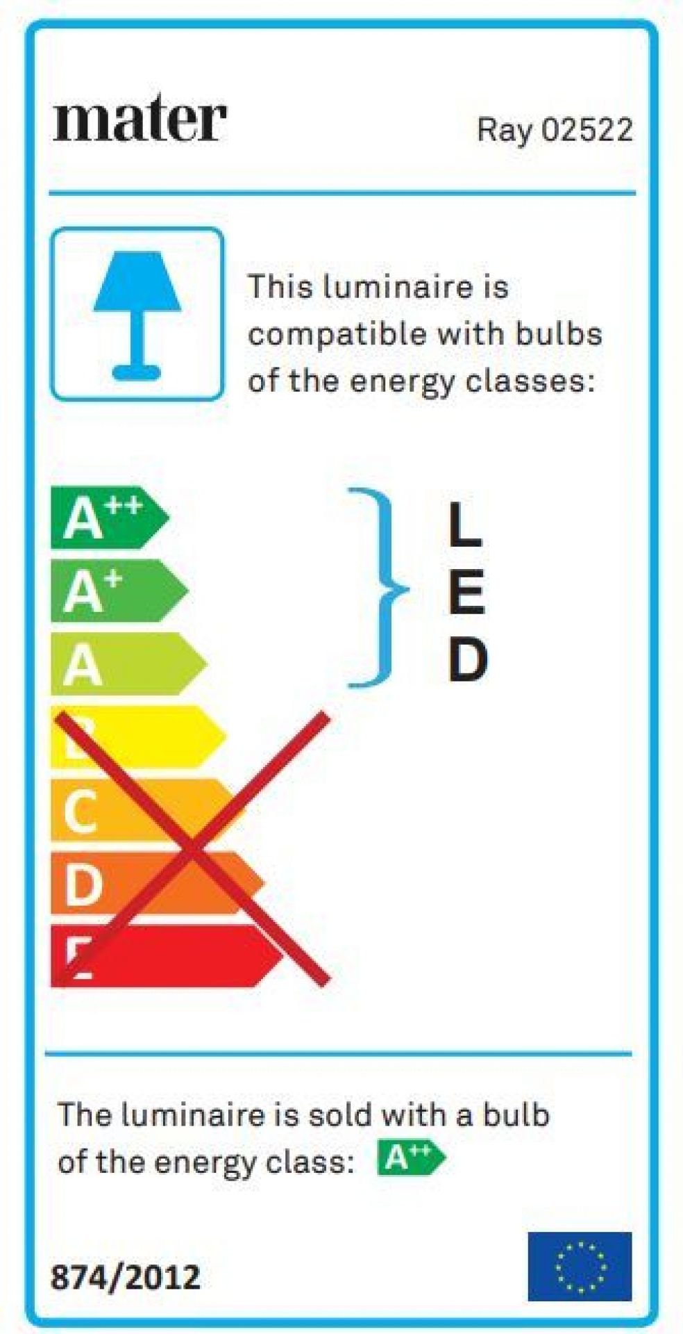 Energieeffizienzlabel für Mater Ray LED Stehleuchte, kompatibel mit Leuchtmitteln der Energieklassen A++ bis A.