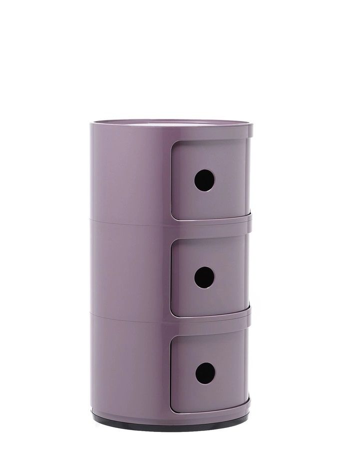 Violettes Componibili 3er Element von Kartell: Runder Nachttisch/Beistelltisch mit drei Schubladen und schwarzen Griffen.