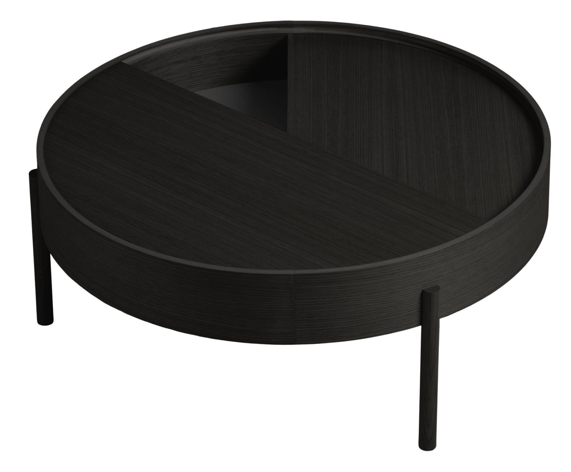 Schwarzer Arc Coffee Table von Woud, runder Couchtisch mit Stauraum und drei Beinen.