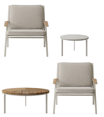 Open-Air Lounge Set von Vipp: Zwei Sessel mit Tisch und Holztisch für den Garten.