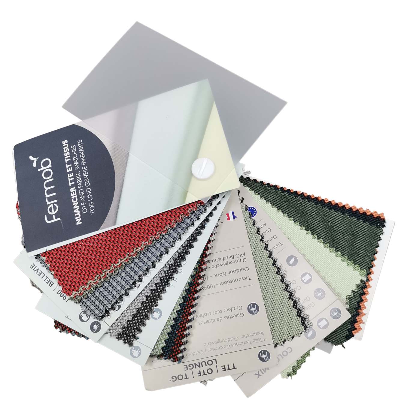 Fermob Farbkarte TOG mit Stoffmuster für Gartenmöbel und Outdoor-Textilien in verschiedenen Farben.