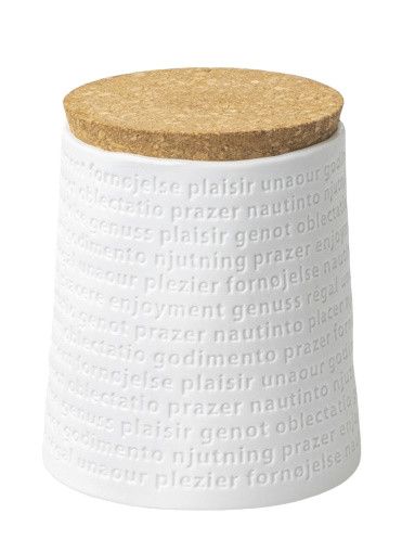 Weiße Raumpoesie Vorratsdose mit Korkdeckel. Keramikdose für Küche und Vorratshaltung mit Schriftzug "Genuss".