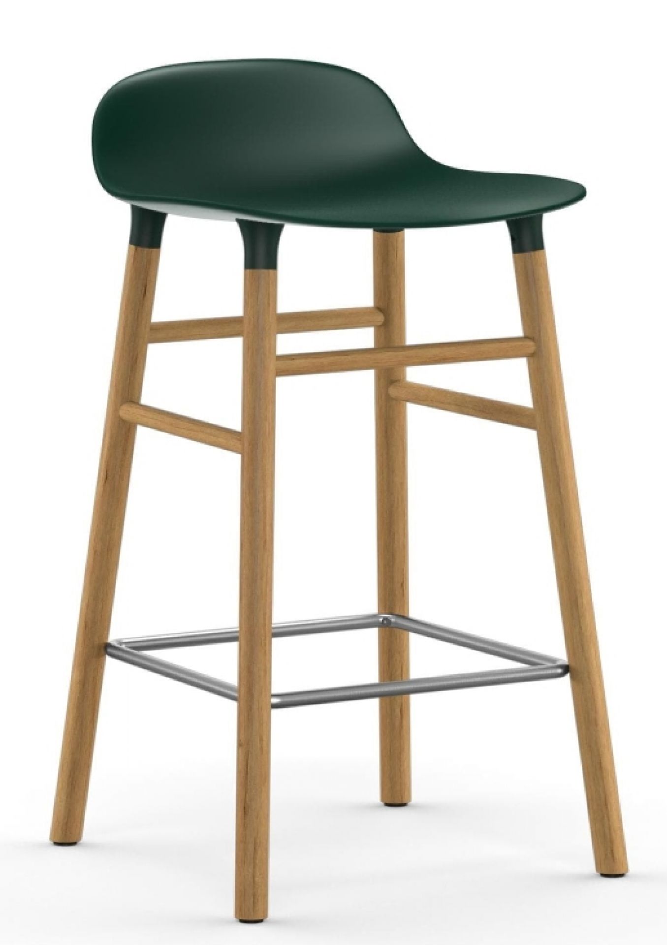 Form Barstool Barhocker von Normann Copenhagen, Holzgestell, grüne Sitzfläche, moderner Barstuhl für Küche und Bar.