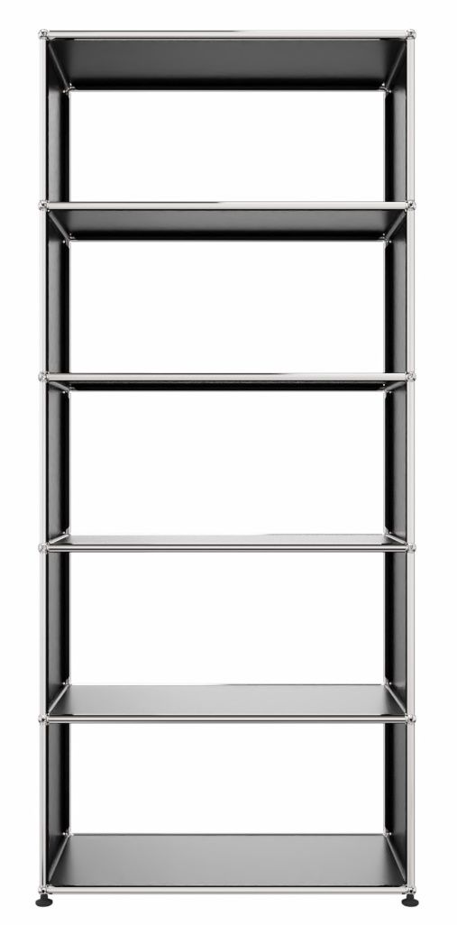USM Haller Regal in Graphitschwarz mit fünf Fächern und verchromten Verbindungsrohren, modernes Design.