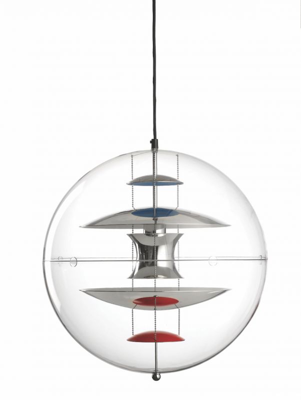 VP Globe Pendelleuchte von Verpan, moderne Hängelampe mit transparentem Acrylglas und farbigen Reflektoren.