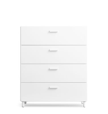 Weiße Relief Kommode mit vier Schubladen und Beinen von String Furniture.