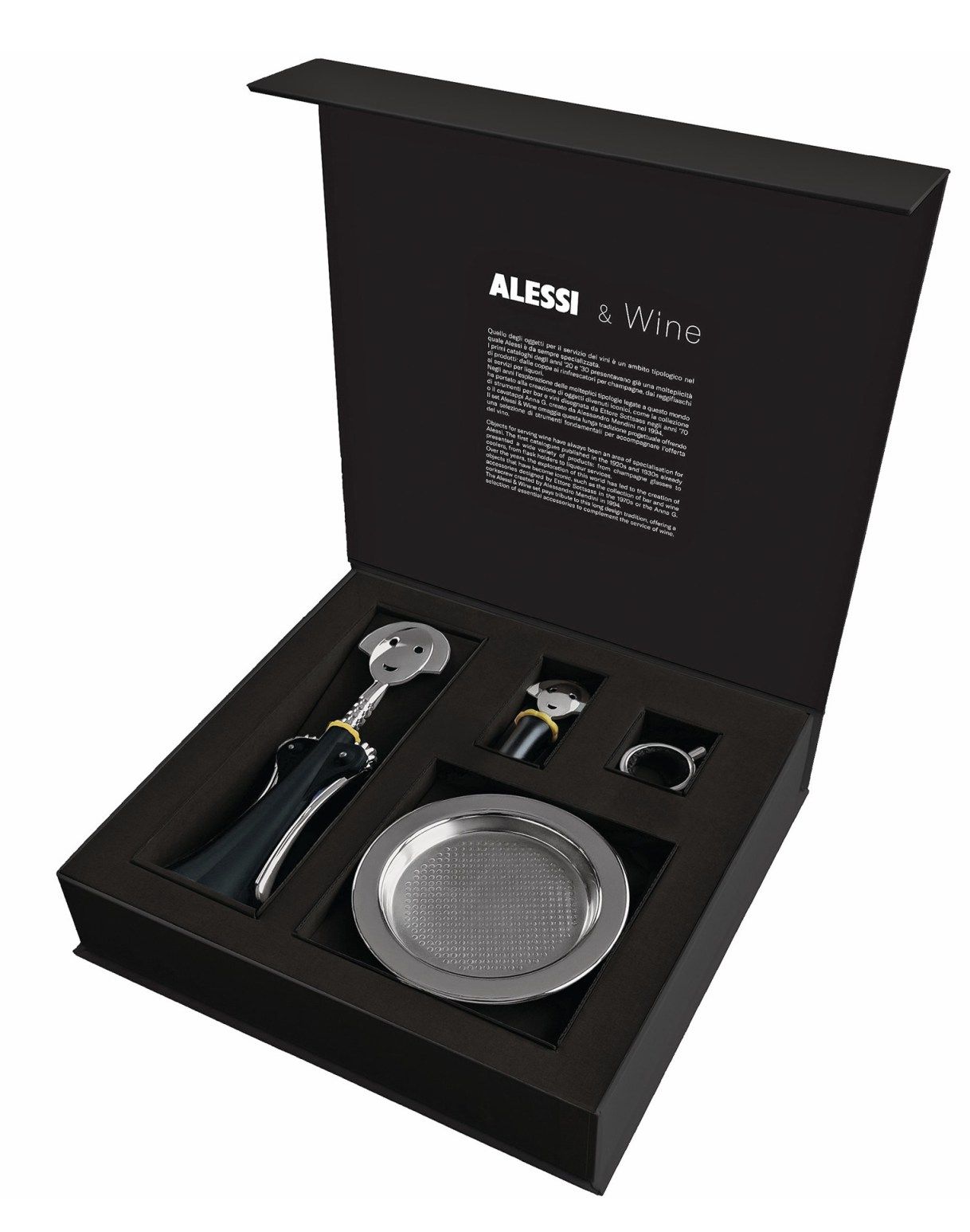 Alessi Anna G. Weinset in Geschenkbox: Korkenzieher, Tropfenfänger und Weinkühler, elegantes Wein Zubehör.