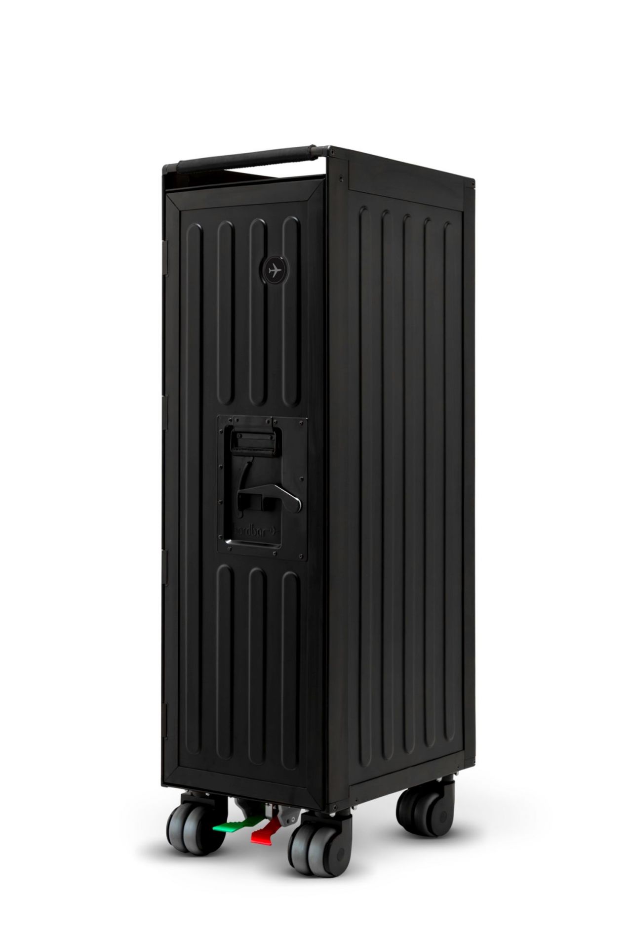 Voyager Flugzeugtrolley Neonblack: Schwarzer Bordbar Trolley mit Rollen und Tür für Flugzeug- und Inneneinrichtung.