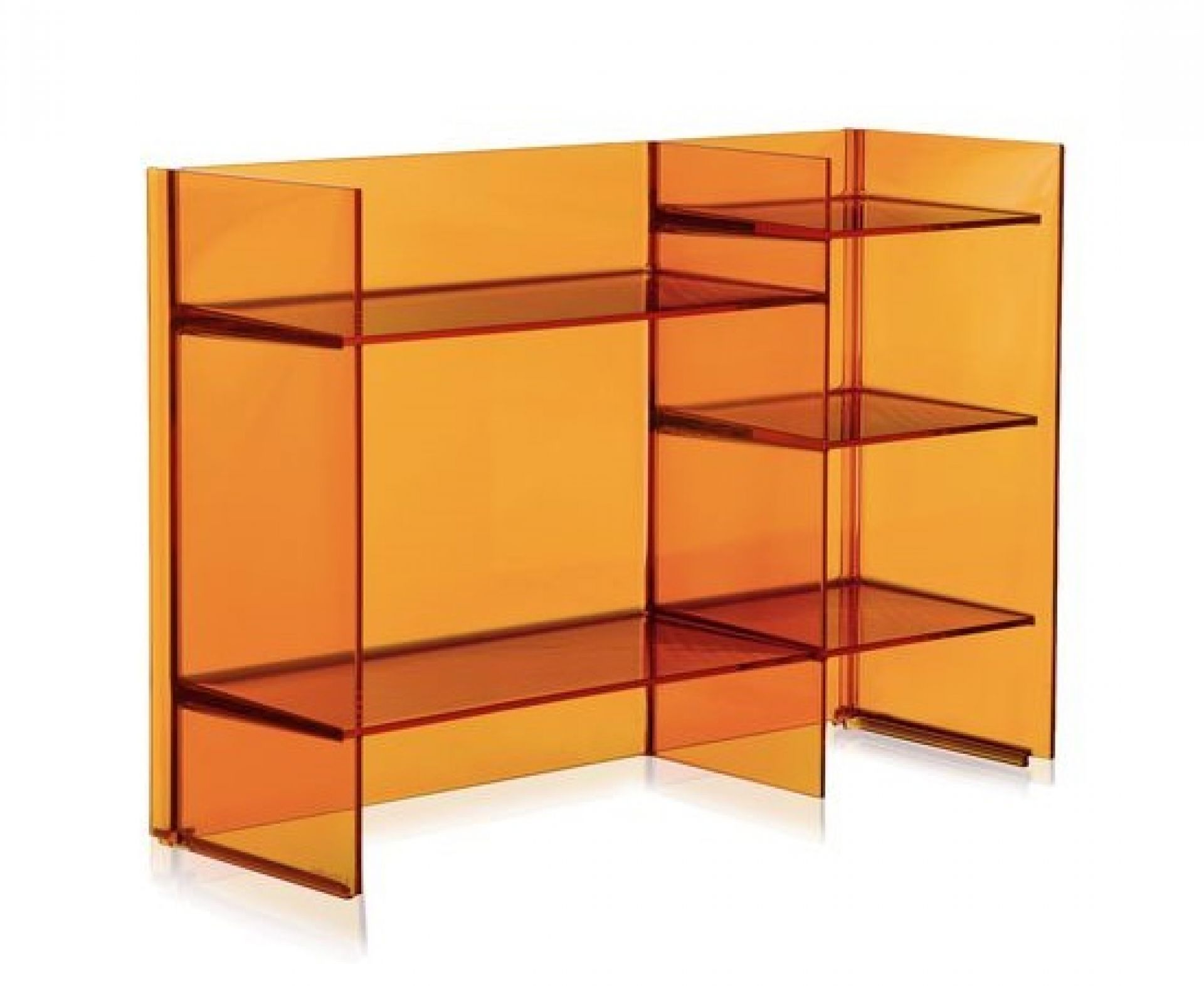 Orangefarbenes Kartell Regalsystem "Sound-Rack" aus transparentem Kunststoff, modernes Design für Wohnzimmer.