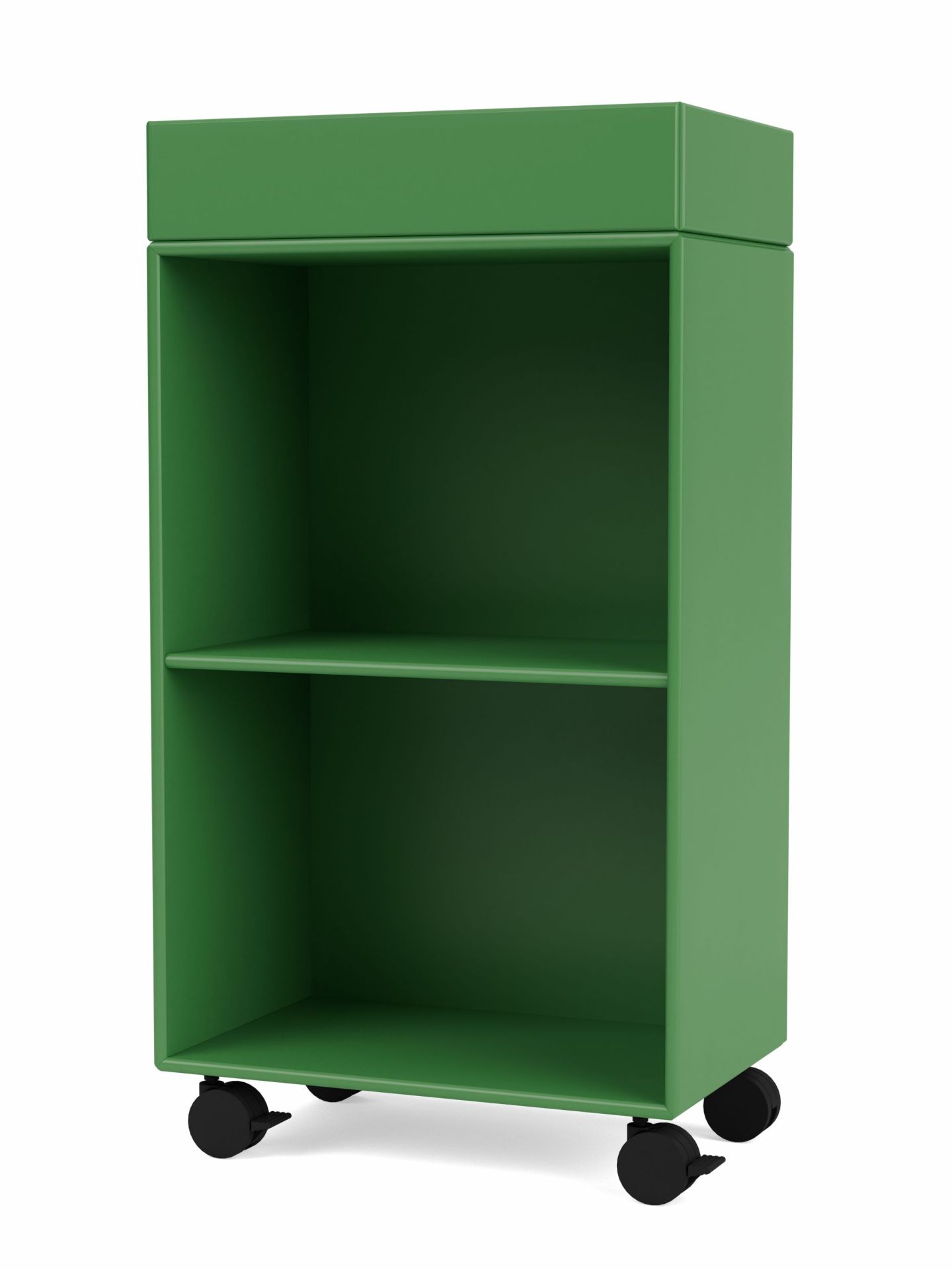 Grüner PREPPY Wagen mit zwei offenen Fächern und schwarzen Rollen. Mobiles Regal.