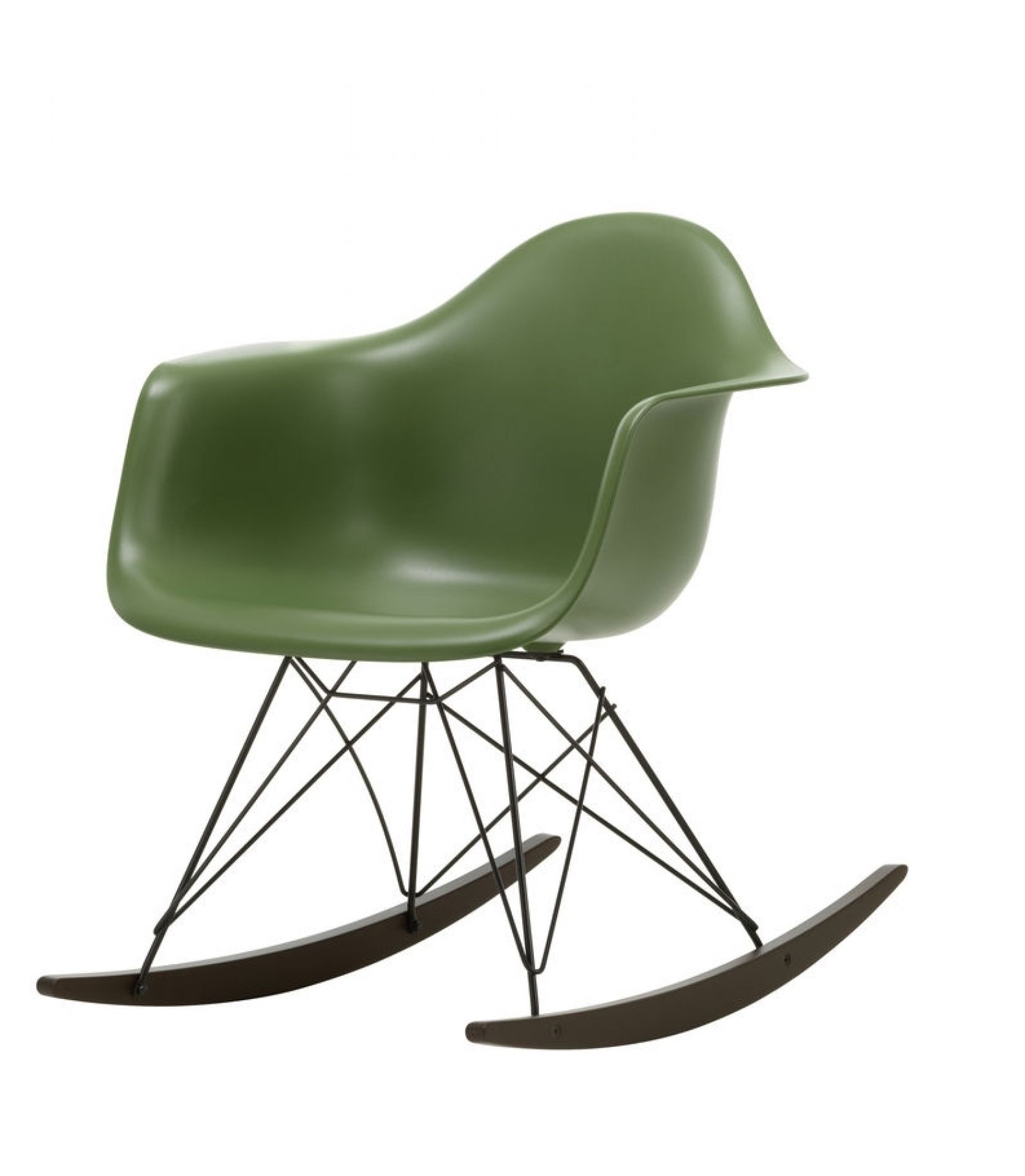 Grüner Eames Schaukelstuhl RAR von Vitra mit schwarzem Drahtgestell und Holzschaukelkufen. Designklassiker für Wohnzimmer.