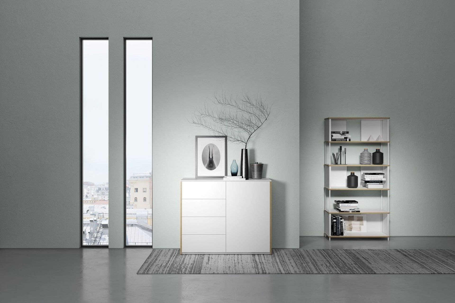 Weiße Modular Plus Kommode von Müller Möbelwerkstätten mit Tür rechts im modernen Wohnraum.