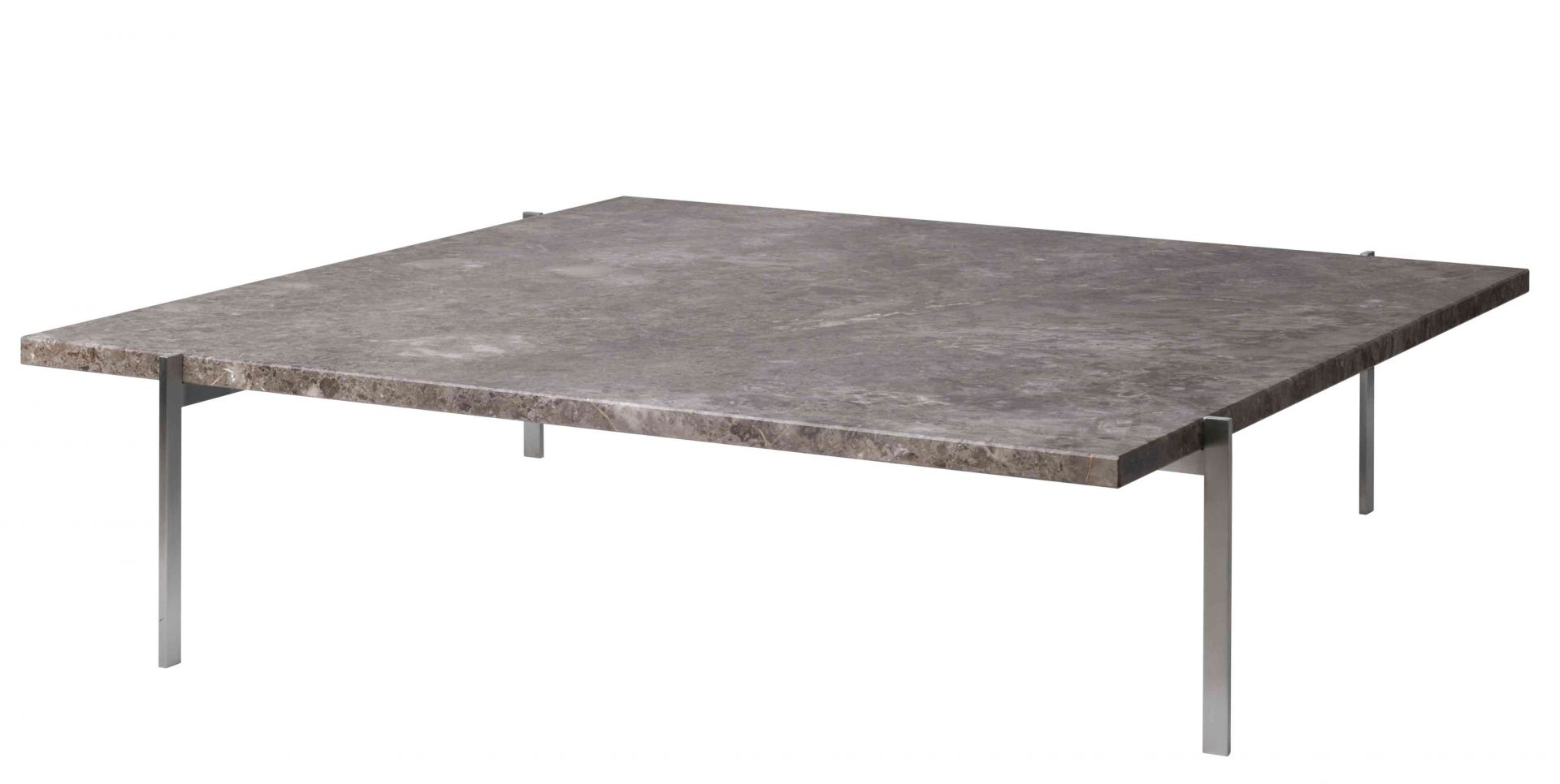 Quadratischer PK61 Couchtisch von Fritz Hansen mit grauer Marmorplatte und Stahlgestell.