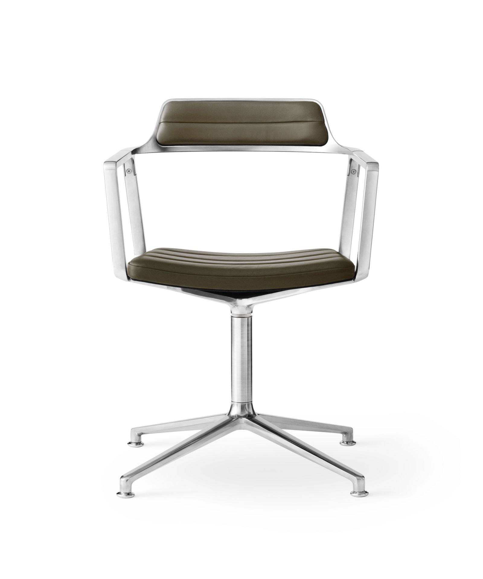 VIPP452 Drehstuhl mit grünem Lederbezug und poliertem Aluminiumgestell, moderner Bürostuhl.