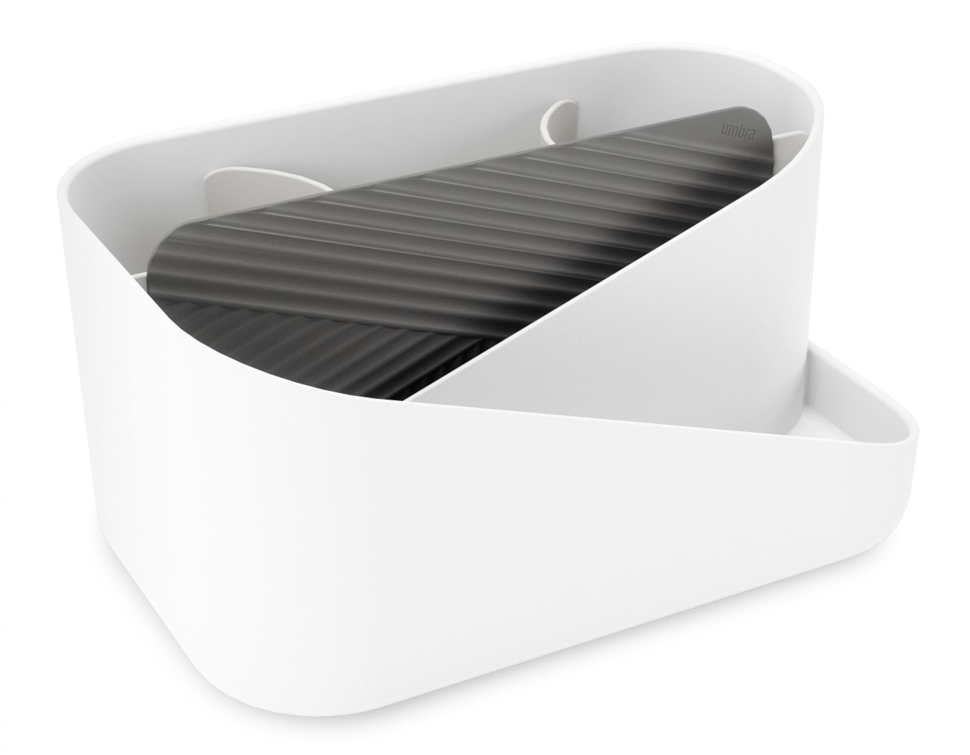 Weißer Umbra Glam Hair Organizer mit grauer Ablage für Föhn und Glätteisen.