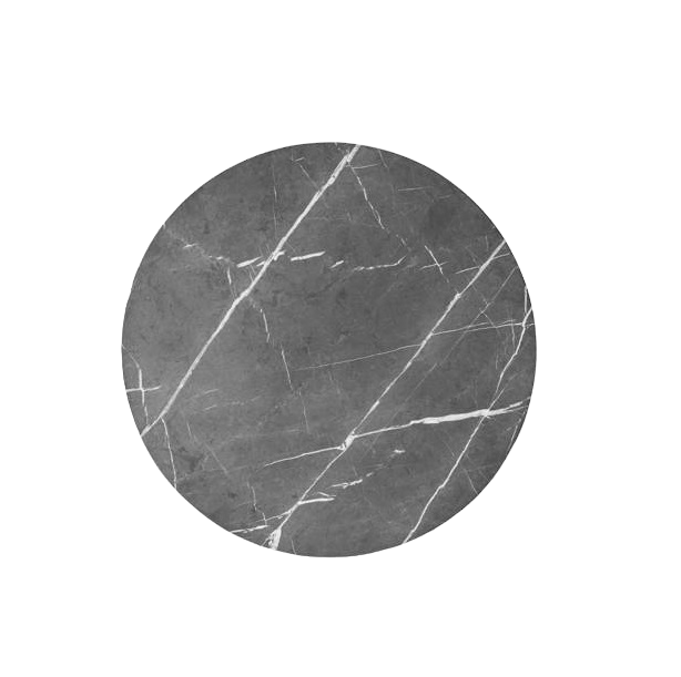 Detailansicht der grauen Marmorplatte des runden Vipp Couchtisches Ø60.