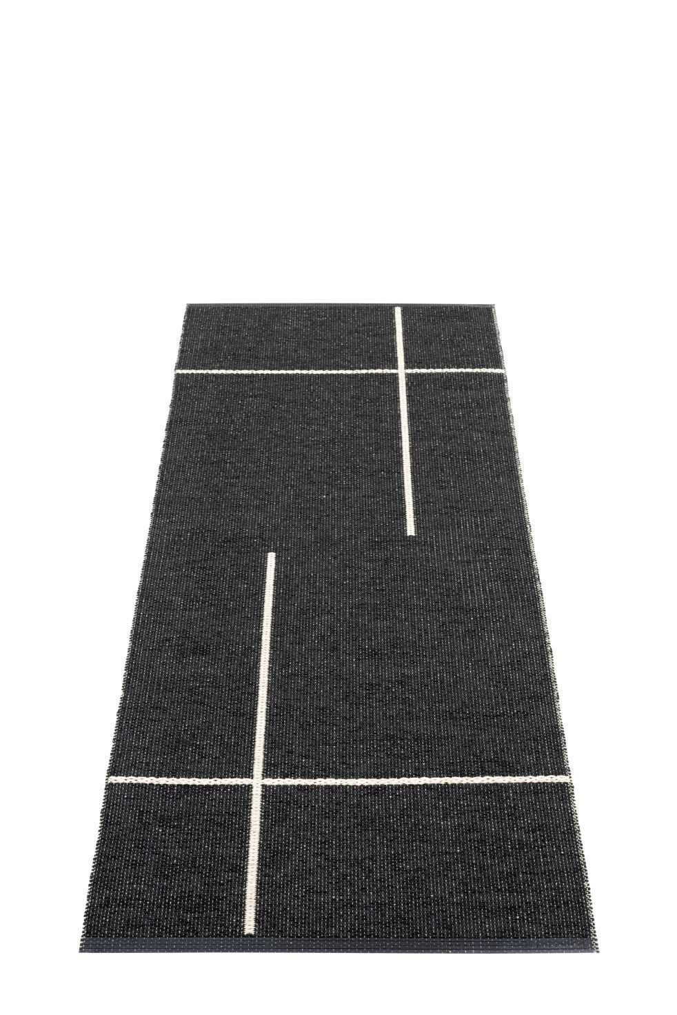 Schwarzer Pappelina Teppich mit weißem Linienmuster, Größe 70x180cm, ideal für moderne Wohnräume.