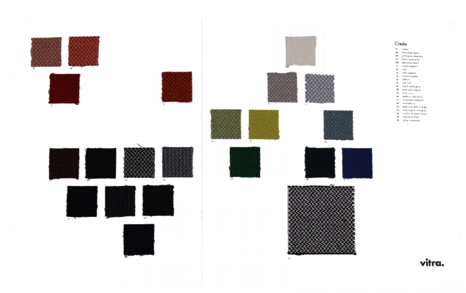 Stoffmusterkarte Credo von Vitra mit verschiedenen Farben und Texturen für Möbelstoffe.