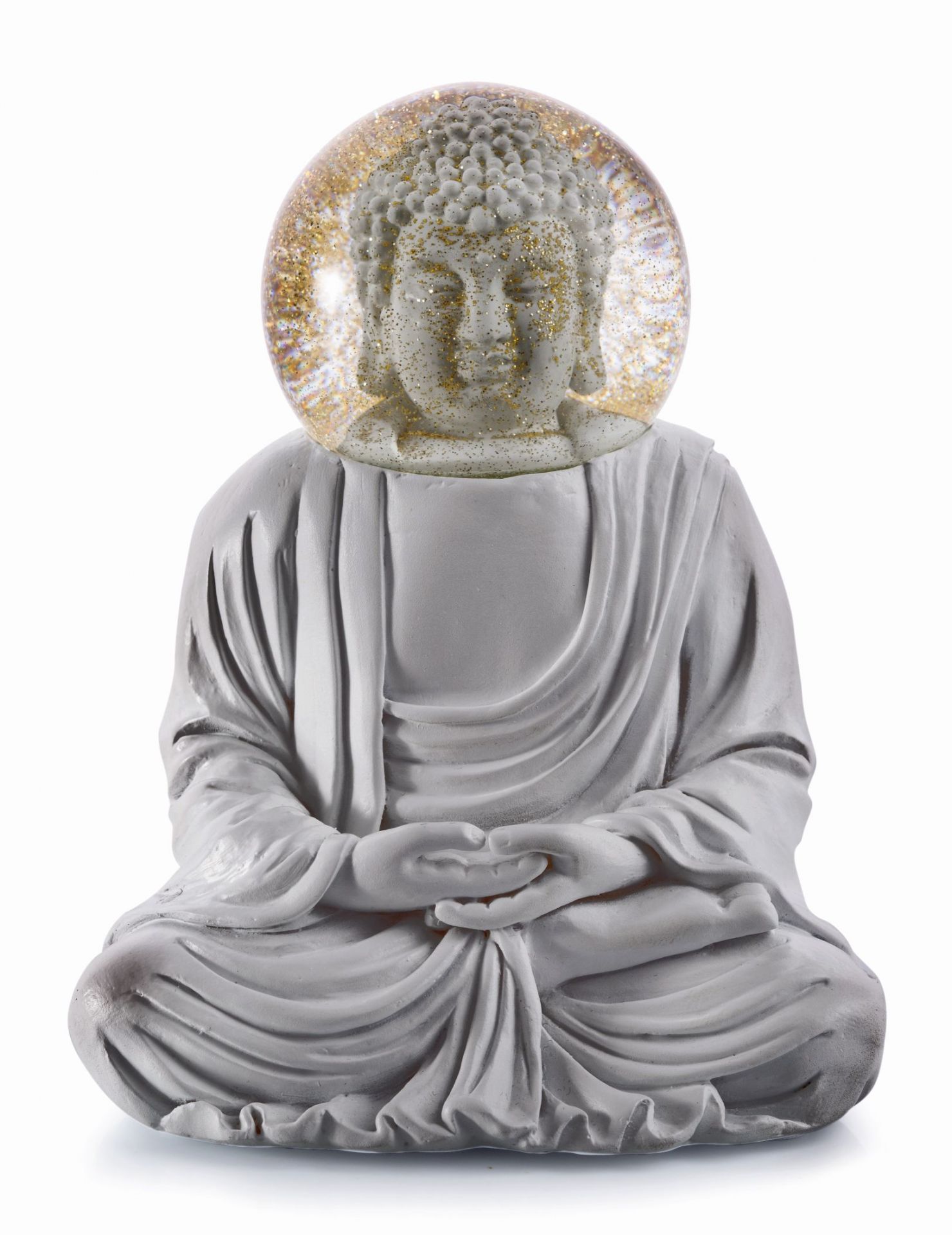 Summerglobes Buddha Glitzerkugel: Graue Buddha Figur mit goldener Glitzerkugel als Kopf. Dekoration und Geschenkidee.
