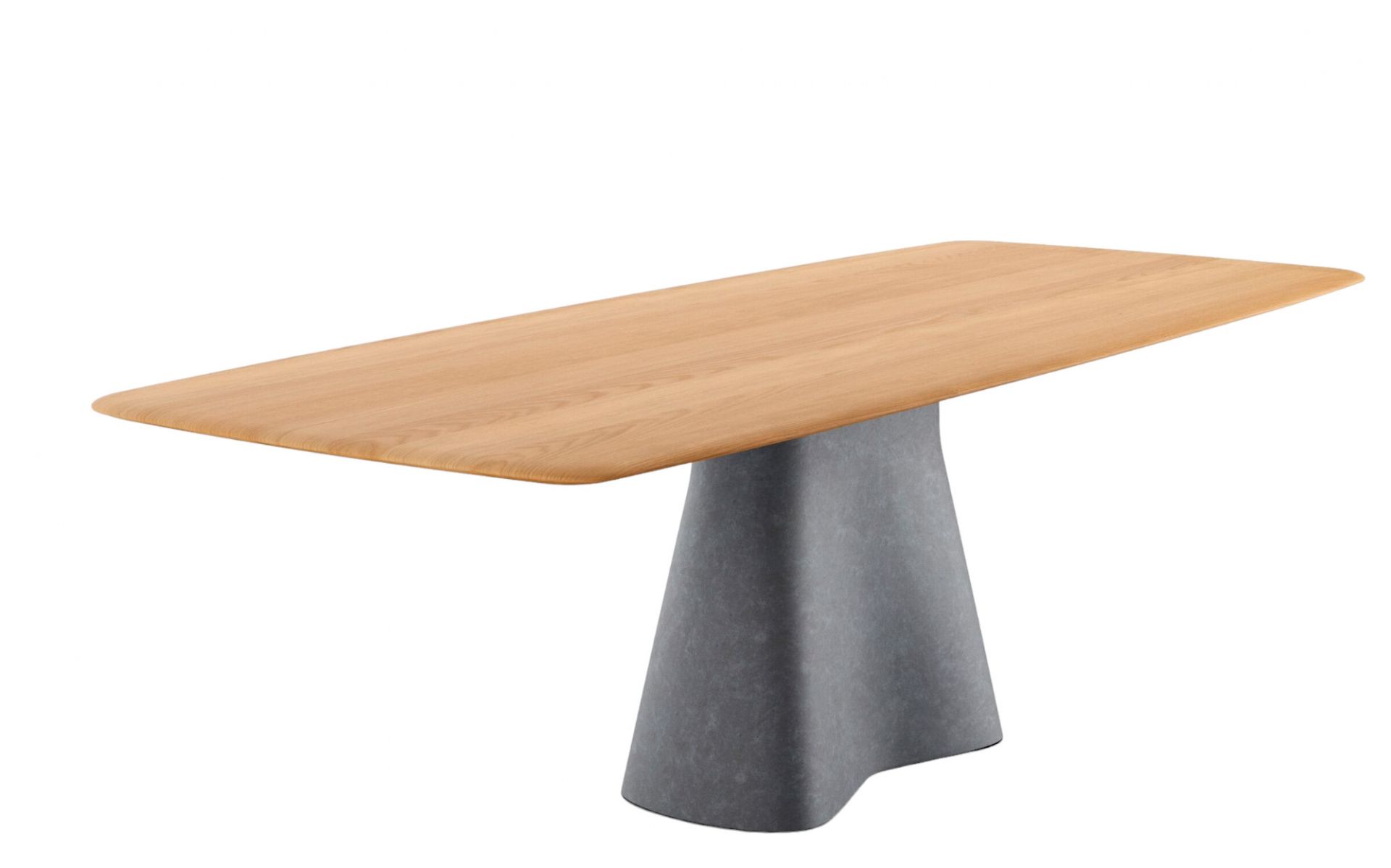 Temno Esstisch von Walter Knoll mit hellbrauner Tischplatte und grauem, konischem Fuß.