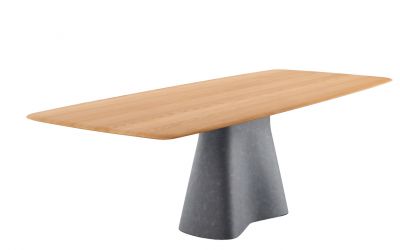 Temno Esstisch von Walter Knoll mit hellbrauner Tischplatte und grauem, konischem Fuß.