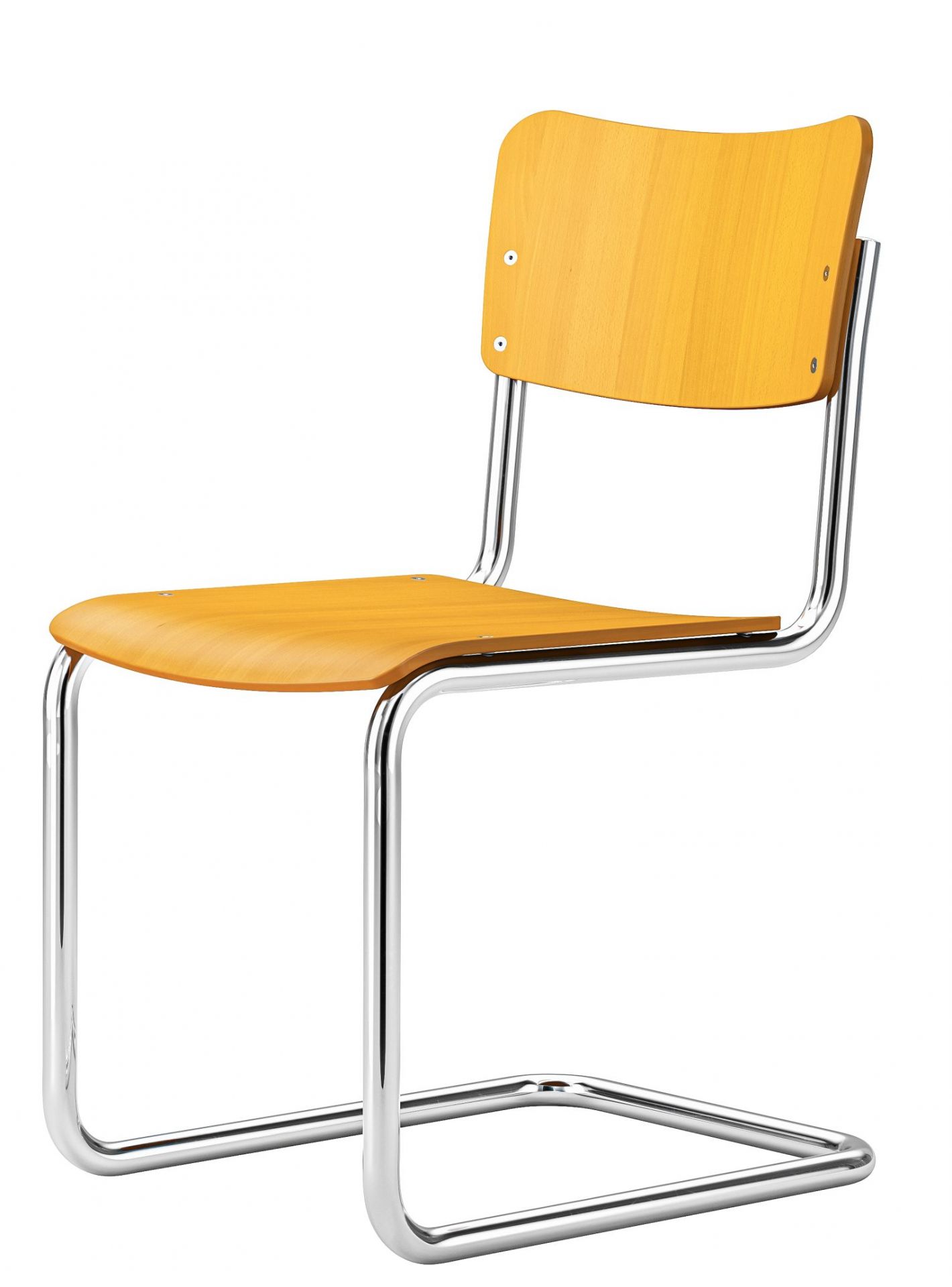 Bernsteingelber Thonet Kinderstuhl S 43 K Freischwinger mit Stahlrohrgestell und Holz Sitzfläche und Rückenlehne.