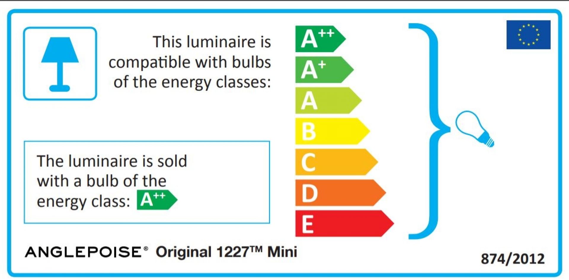 Energieeffizienzlabel der Anglepoise Original 1227 Mini Tischleuchte, kompatibel mit Leuchtmitteln der Klassen A++ bis E.