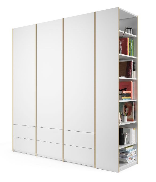 MODULAR PLUS Schrank Kombination von Müller Möbelwerkstätten mit Anbauregal rechts, weiße Fronten und Schubladen.
