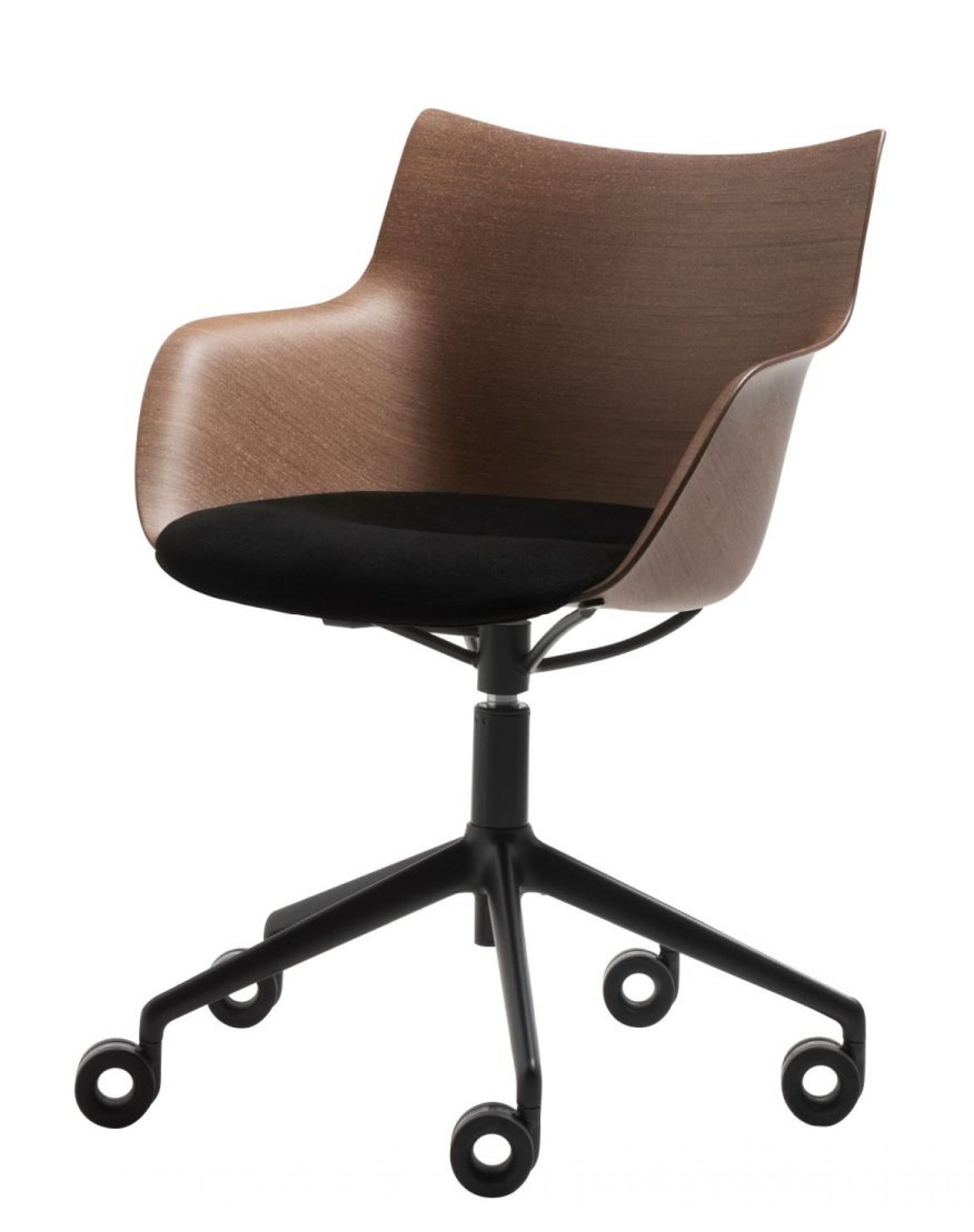 Q/Wood Soft Drehstuhl mit dunklem Holz, schwarzem Rahmen und Rollen. Bürostuhl von Kartell.