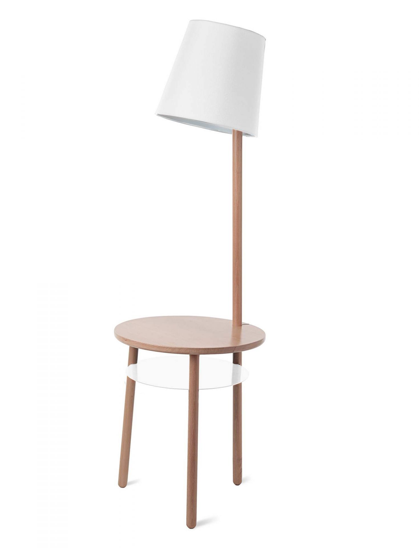 Josette Beistelltisch mit Stehlampe aus Esche und weißem Lampenschirm. Modernes Design.