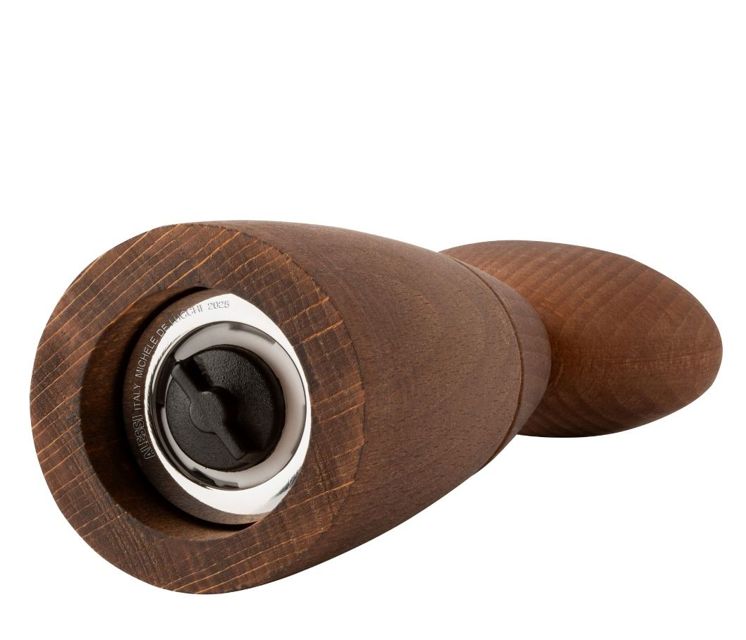 Alessi Oaxaca Mühle aus Holz, Detailaufnahme der Gewürzmühle für Salz und Pfeffer.